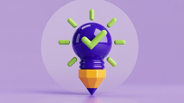 Creative idea concept with glowing light bulb, pencil and green check mark