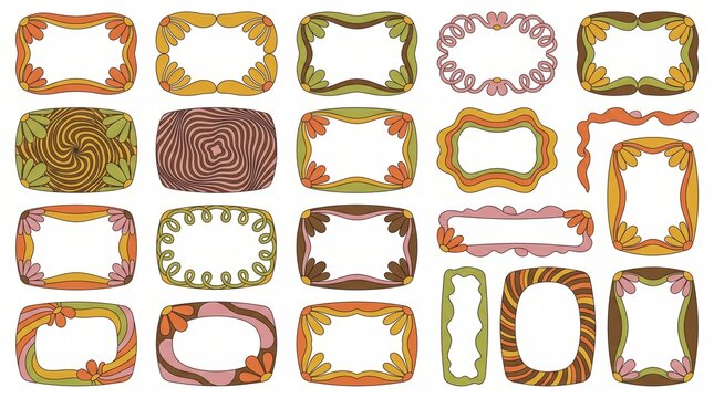 Retro 70s Groovy Frames Collection, a vibrant set of 20 hand-drawn vintage borders with psychedelic patterns and organic shapes, isolated on white for design elements