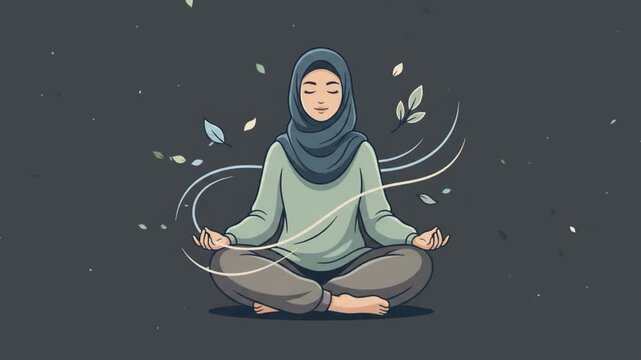 Hijab Woman Serene Mindfulness Meditation with Calm Breathing Energy Flow