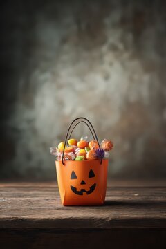 Halloween jack o lantern candy bucket filled with wrapped sweets on wooden table for trick or treat poster and background- Copy space