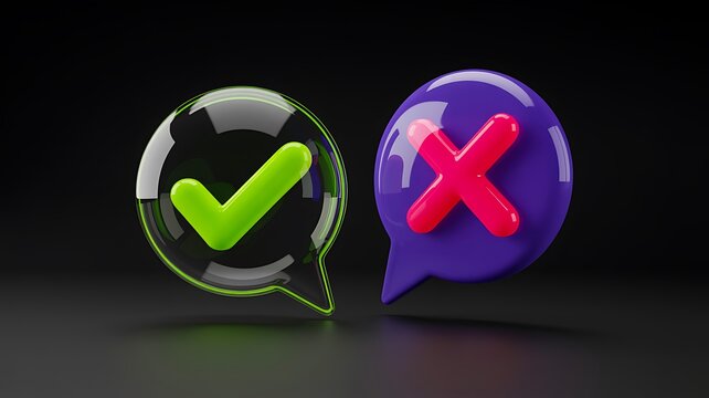 Success and failure concept with green check mark and red cross speech bubbles