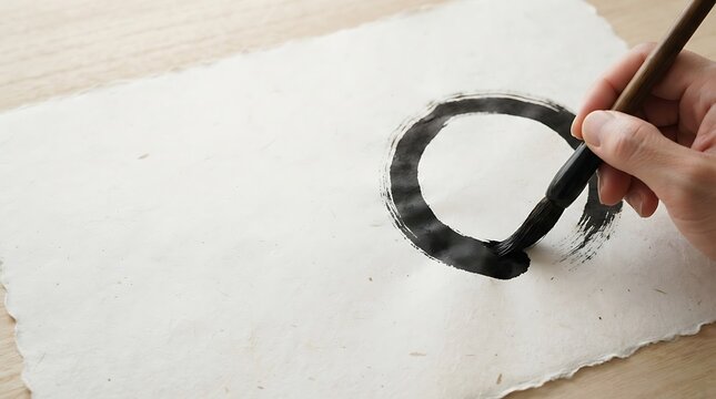 Hand painting an enso circle with black ink on textured paper
