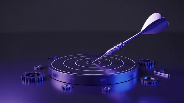 Target achievement concept with dart hitting a circular target on a futuristic dark background