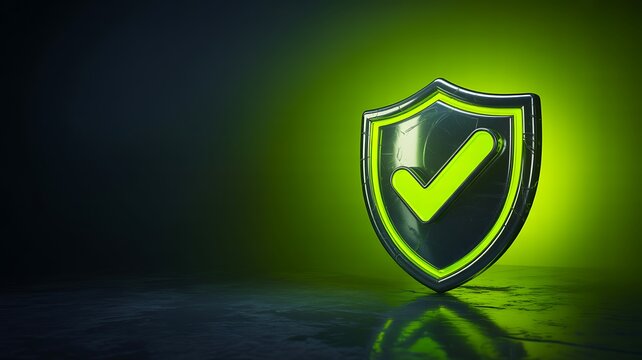 Cybersecurity protection concept with glowing shield and check mark on dark digital background