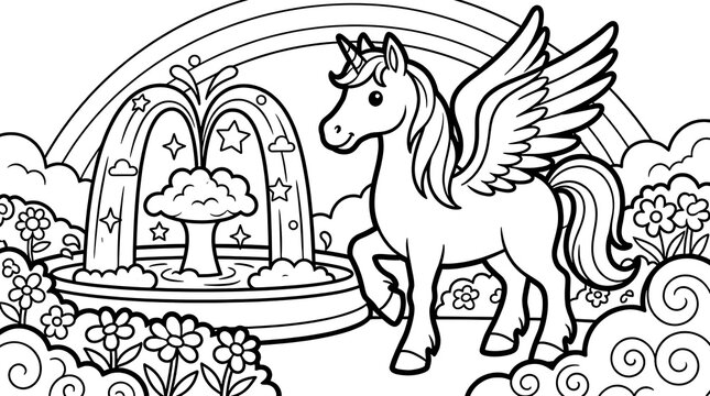 Winged unicorn standing near a magical fountain with a rainbow, stars, and flowers, black and white coloring page for children to color now