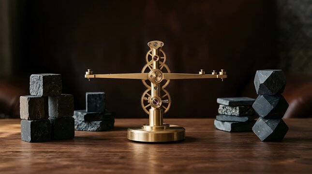 Brass mechanical balance scale with stone weights on a wooden table