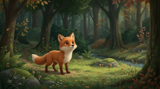 Small red fox standing on a path in a quiet autumn forest clearing with trees