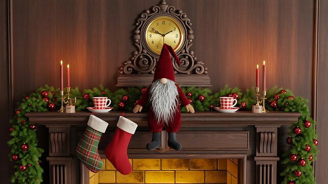 Christmas fireplace decorated with stockings, candles, greenery and festive holiday ornaments