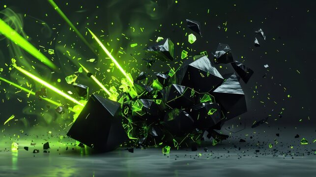 Low angle black polygon crash with neon green laser beams for black friday banner background and futuristic cyberpunk design