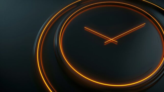 Dark neon clock with orange glowing rings for black friday banner background and minimalist countdown design