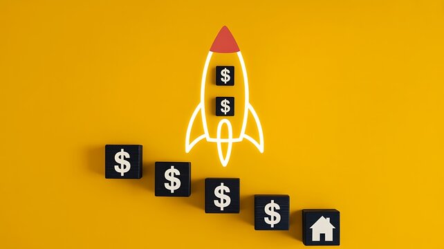 Financial growth concept with rocket, money symbols and rising business investment direction