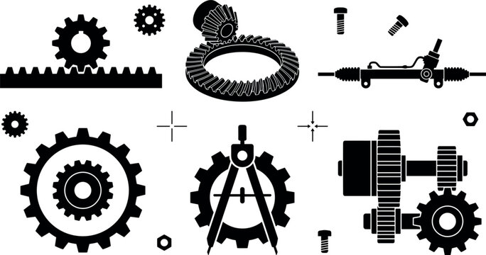 Set of mechanical gears, rack and pinion, steering rack, and engineering tools icons