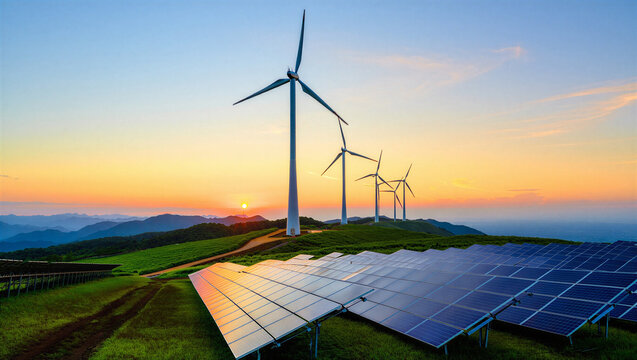 Solar energy farm and wind turbines at sunrise with turbines renewable electricity sustainable
