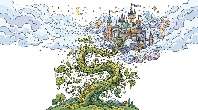Magical beanstalk leads to fantasy castle in clouds
