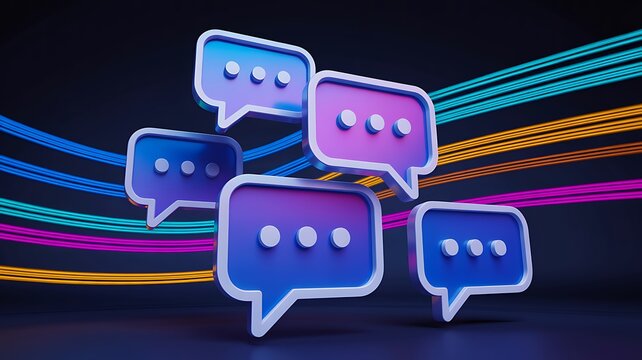 Colorful digital speech bubbles with flowing lines representing online communication and social networking