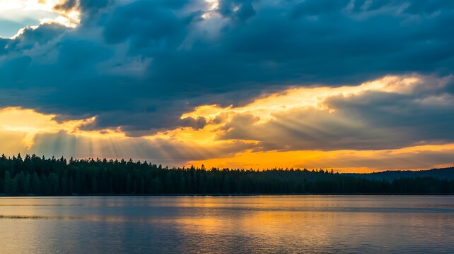 Dramatic sunset over a calm lake with glowing clouds, forest shoreline and peaceful natural scenery