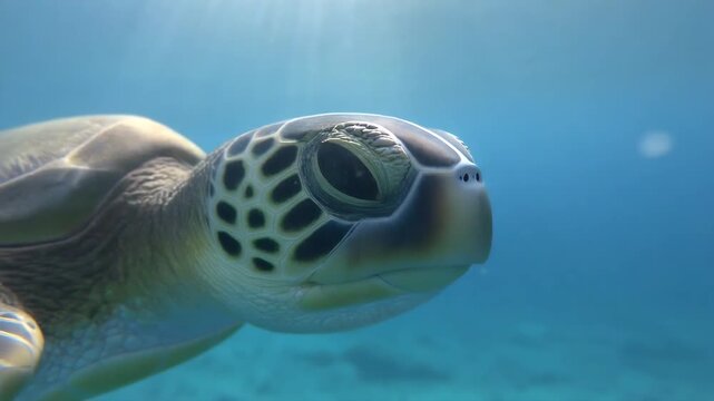 Close-up of a Sea Turtle in Blue Water: A serene sea turtle swims gracefully in clear blue ocean water, its patterned shell and calm eyes conveying a sense of peace and wonder.
