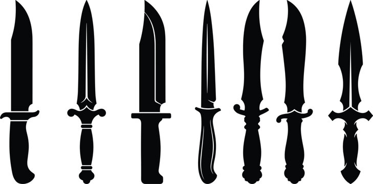 Set of various sharp combat knives and daggers silhouettes
