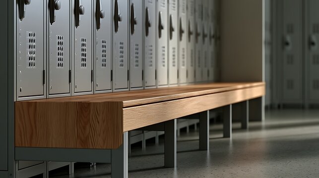 Row of metal lockers with wooden bench in a gym locker room.
