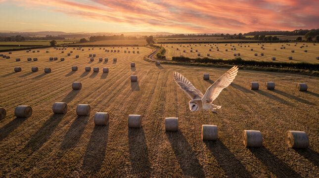 Majestic barn owl flying over harvested rural farmland at sunset