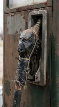 Worn gas pump nozzle taped and repaired at abandoned fuel station for industrial background and editorial use