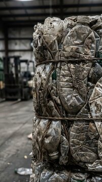 Compressed plastic bottle bales at recycling facility for industrial background and environmental waste management poster