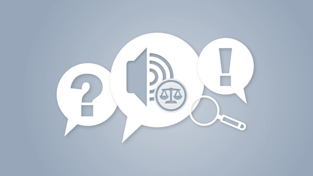A conceptual graphic representing legal advice and law with speech bubbles, a scale, a speaker icon, a question mark, an exclamation mark, and a magnifying glass.