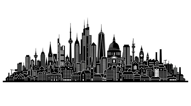 World landmarks and city skyline black and white vector silhouette isolated on white background
