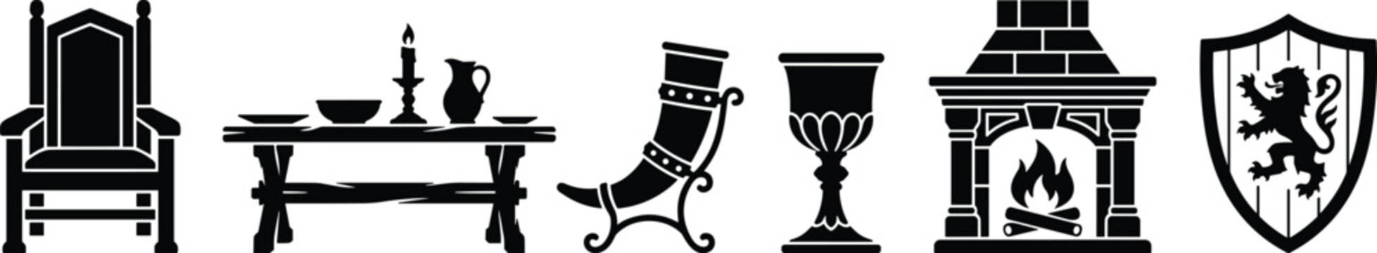 Set of medieval interior furniture and heraldic shield icons