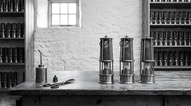 Vintage miner safety lamps with oil can and scissors on wooden workbench in black and white.
