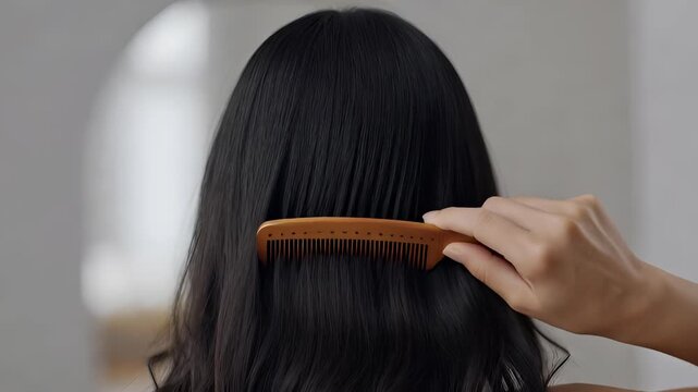 Elegant Hair Care Routine with a Wooden Comb