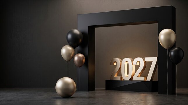 3d render of golden 2027 numbers with black and gold balloons on a dark background for new year celebration with copy space