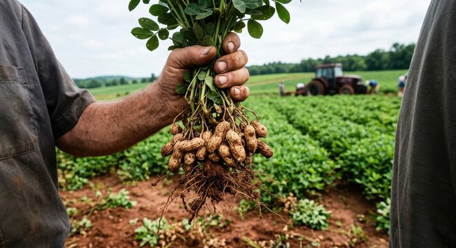 Close up of a farmer's dirty hands holding a bunch of freshly harvested organic peanuts with roots and soil attached in a rural agricultural field with a tractor and workers in the background.
