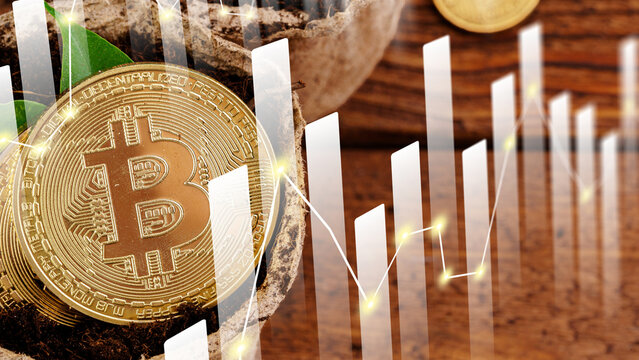 Bitcoin in a pot surrounded by growth charts on wooden surface