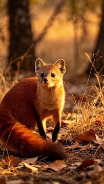 Pine Marten Sitting in Autumn Forest at Golden Hour, Realistic Wildlife Footage