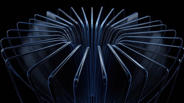 Abstract View of a Modern Dark Metallic Heat Sink Fin Array on Black Background.