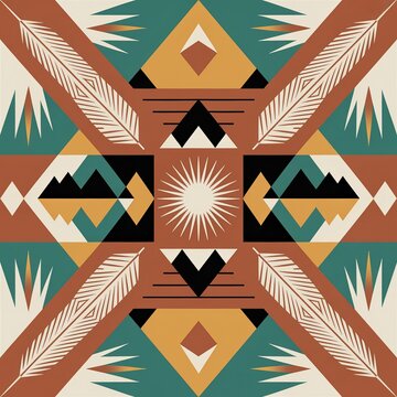 Geometric southwestern pattern with sunburst, feathers, and triangles