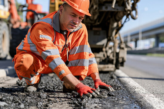 Worker inspects fresh asphalt with focused care. Orange gear and helmet stand out against dark pavement. Hands press into gravel, testing texture and quality