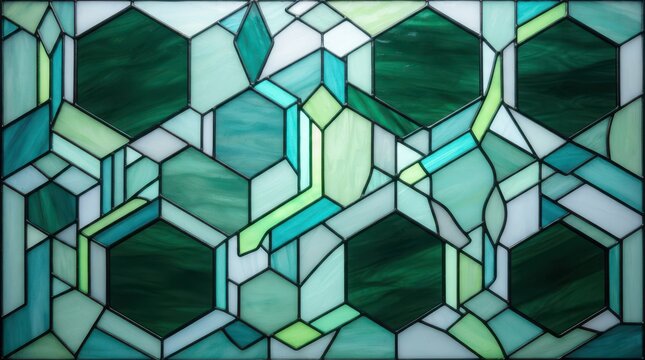 Abstract geometric pattern featuring vibrant green blue and white hexagons in stained glass style