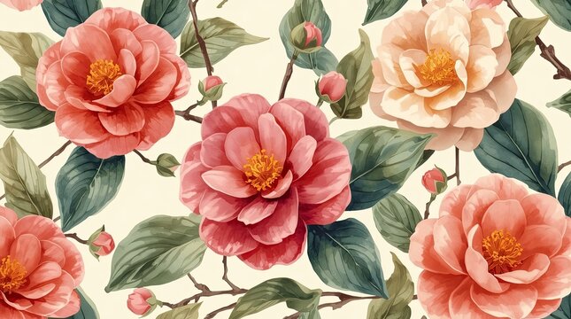 Watercolor Camellia Blooms Flowers Background