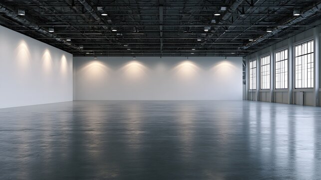 Large empty industrial warehouse interior with windows and spotlights
