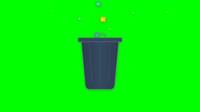A playful 2D trash bin animation showing discarded digital files transforming into colorful recycled icons, creating a smart data recycling concept.