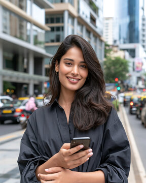 Young woman smiles warmly while holding smartphone. Urban street bustles with cars and buildings nearby. She stands confidently, dressed in casual dark blouse. Background shows modern architecture