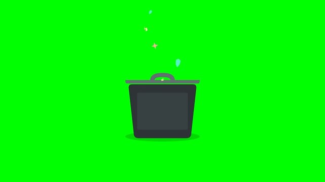 A clever 2D trash bin animation where glowing digital files are recycled into colorful icons, symbolizing data recovery and technology.