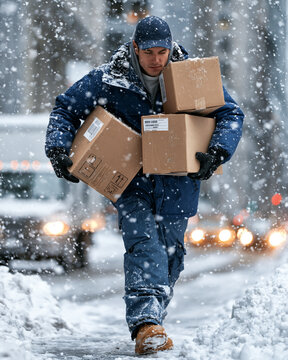 Snowflakes fall as a delivery worker carries boxes. He wears a hat and gloves, focused on his task. Snow covers the sidewalk and street behind him. Cars blur in the background. The man steps carefully