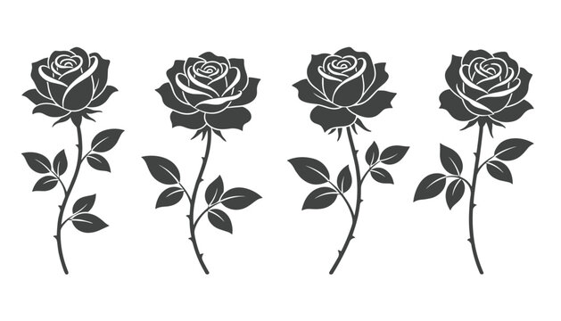 Set of four elegant black rose silhouettes with detailed stems and leaves arranged horizontally over white background.