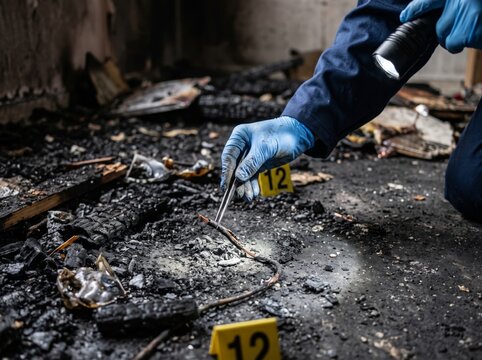 An adult forensic investigator in blue uniform and nitrile gloves examines a burnt electrical wire at a fire crime scene