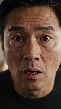 Slow Zoom In to Middle Aged Asian Man with Shocked and Surprised Expression