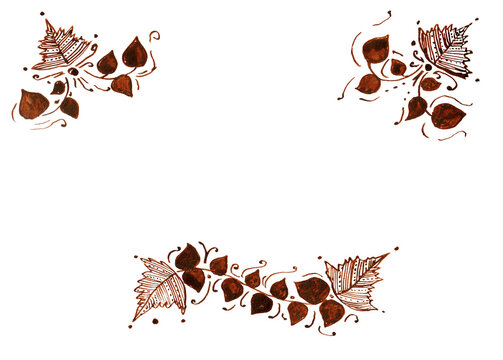 This design features a pattern of leaves and flowers drawn with henna on a white surface. It shows intricate details and creative shapes. The artwork is meant for decoration purposes.