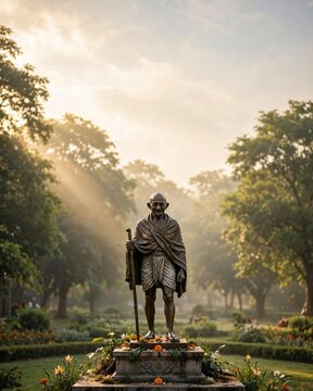 Mahatma Gandhi Statue at Sunrise Gandhi Jayanti Celebration Poster